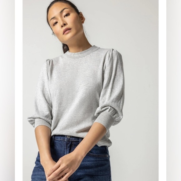 LILLA P rib trim puff sleeve sweater in light blue‎ sz XS - Picture 6 of 7